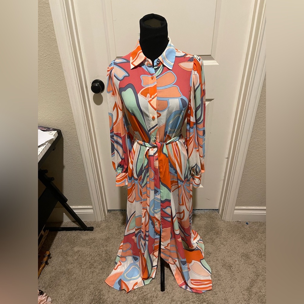 Alexis Orange and Green Resort Wear Sundress with Bishop Sleeves
